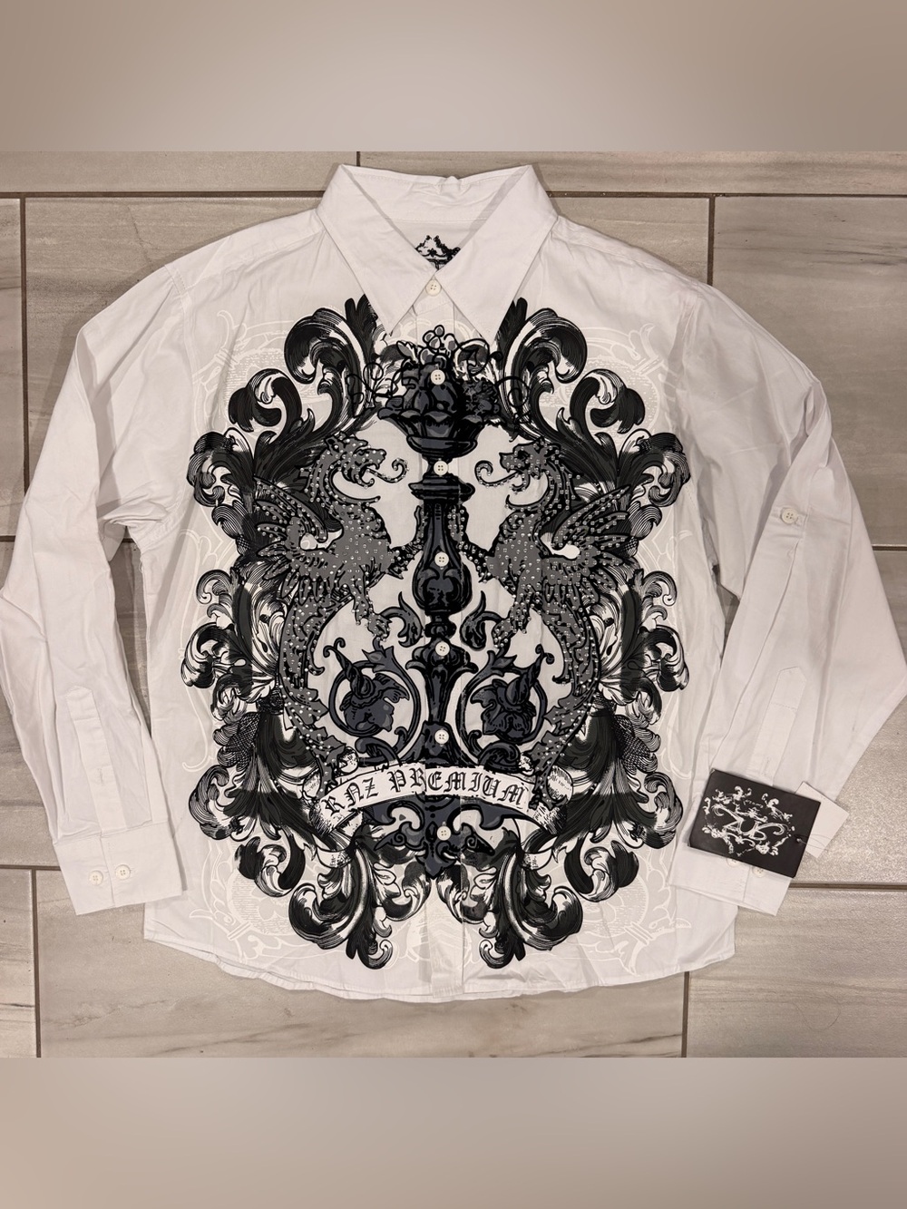 White Long-Sleeve Button-Up Shirt with Black Ornate Crest Print